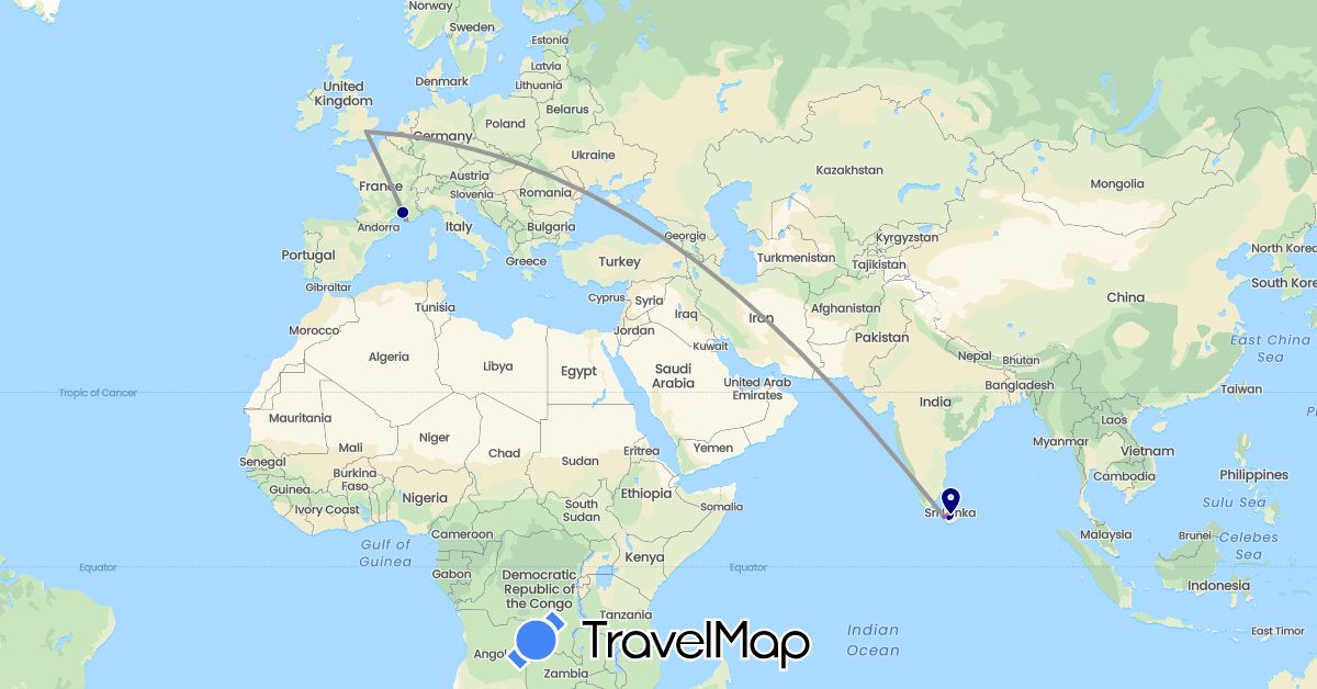 TravelMap itinerary: driving, plane, train, motorbike, electric vehicle in France, United Kingdom, Sri Lanka (Asia, Europe)